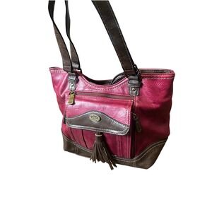 B.O.C. Brown Leather Trim Magenta Shoulder Bag Tassel Accent‎